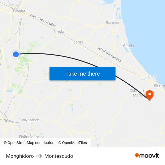 Monghidoro to Montescudo map