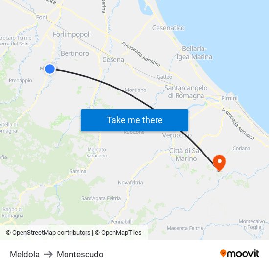 Meldola to Montescudo map