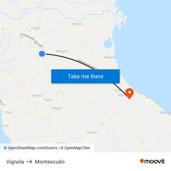 Vignola to Montescudo map