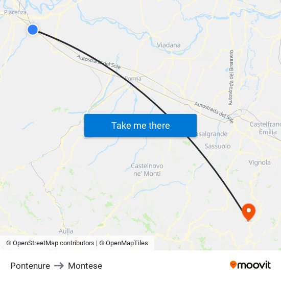 Pontenure to Montese map