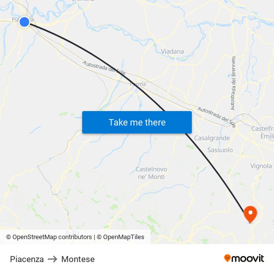 Piacenza to Montese map