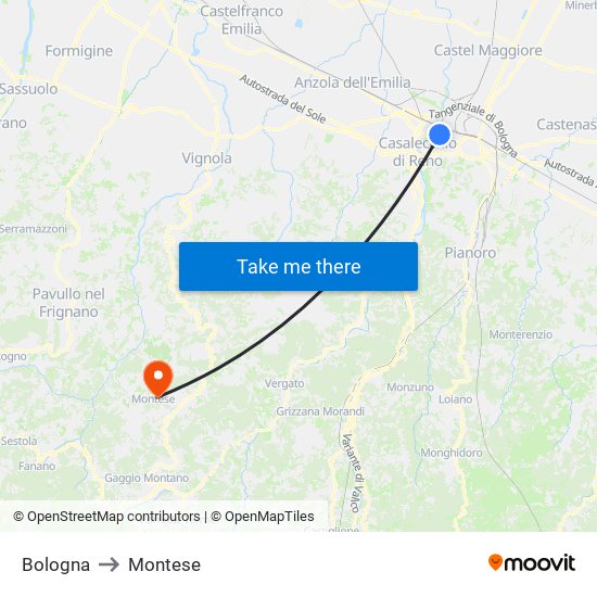 Bologna to Montese map