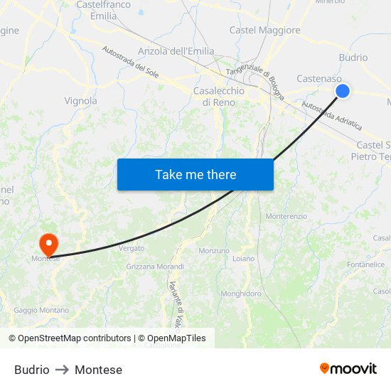 Budrio to Montese map