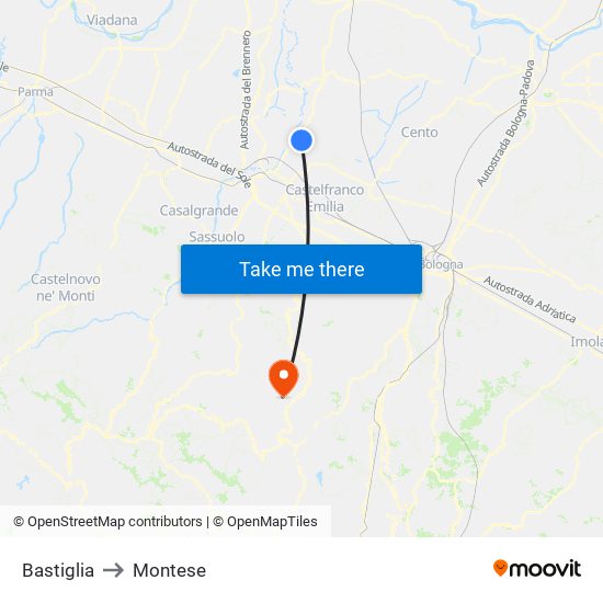 Bastiglia to Montese map