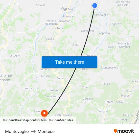 Monteveglio to Montese map