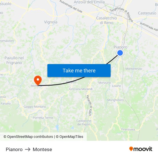 Pianoro to Montese map