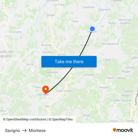 Savigno to Montese map