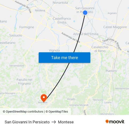 San Giovanni In Persiceto to Montese map