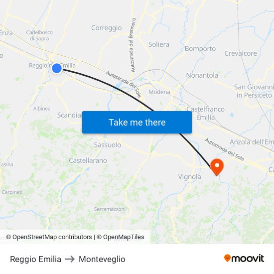 Reggio Emilia to Monteveglio map
