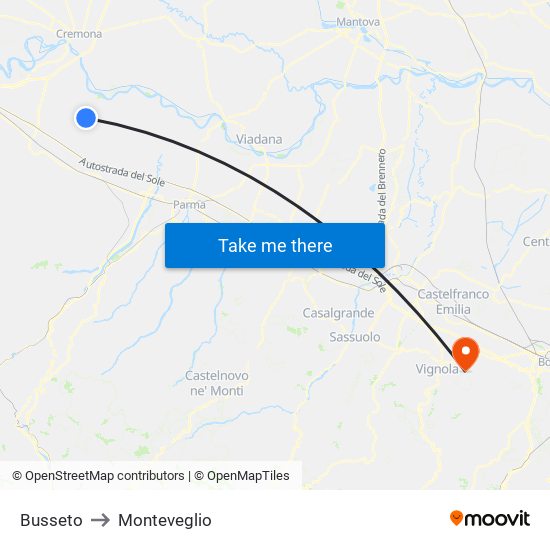 Busseto to Monteveglio map