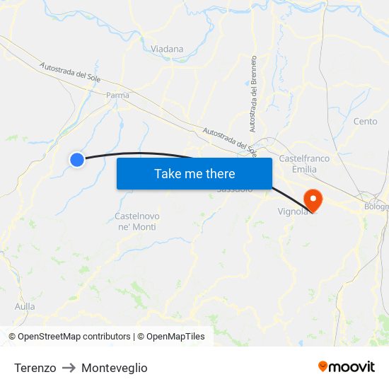 Terenzo to Monteveglio map