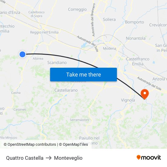 Quattro Castella to Monteveglio map