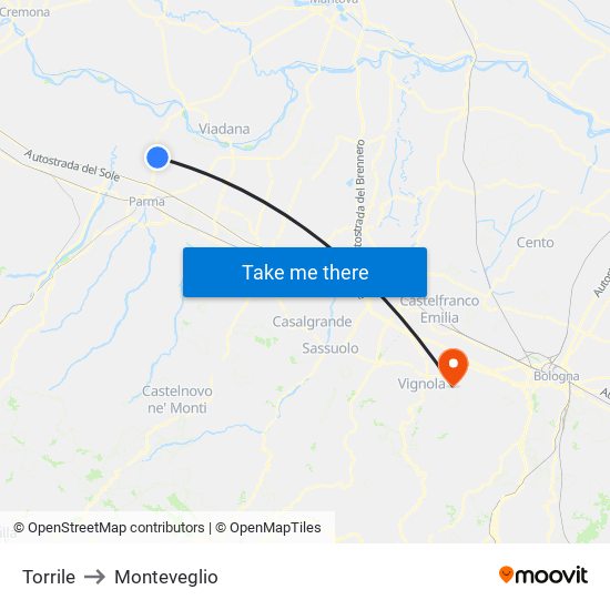 Torrile to Monteveglio map