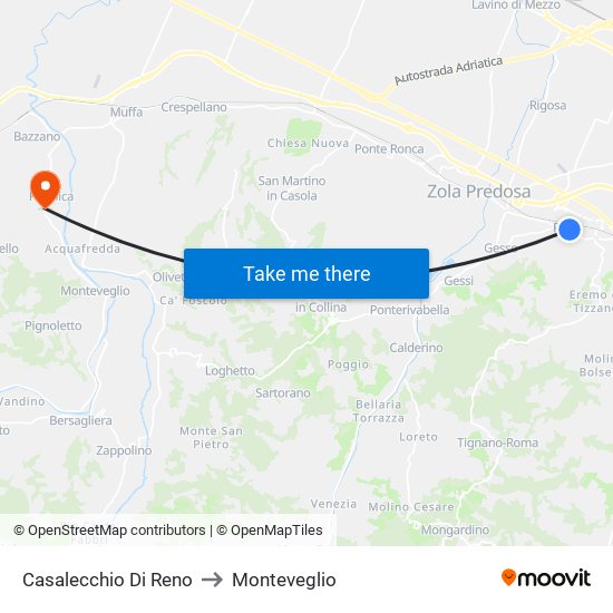 Casalecchio Di Reno to Monteveglio map