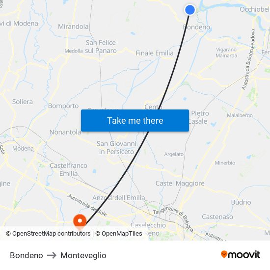 Bondeno to Monteveglio map