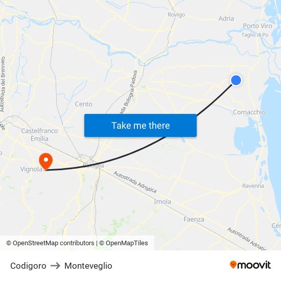 Codigoro to Monteveglio map