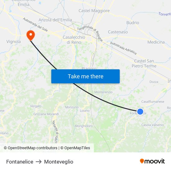 Fontanelice to Monteveglio map