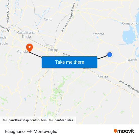 Fusignano to Monteveglio map