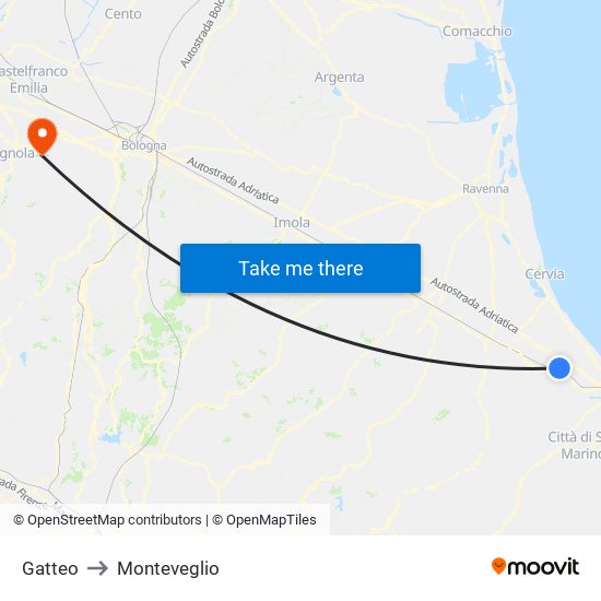 Gatteo to Monteveglio map