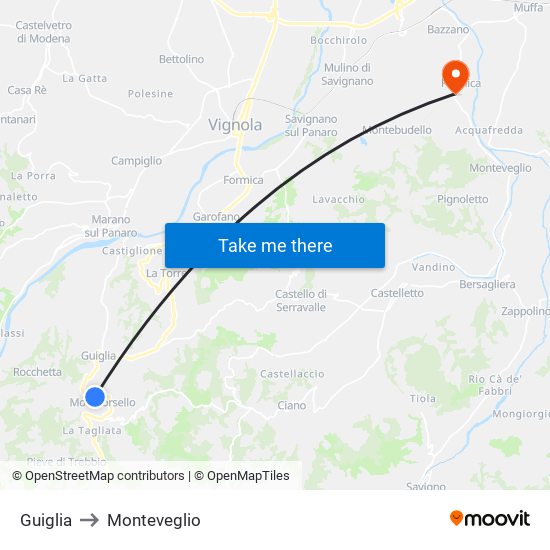 Guiglia to Monteveglio map