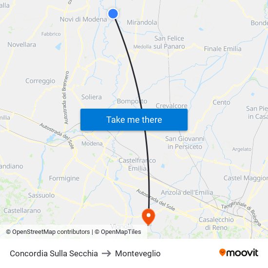 Concordia Sulla Secchia to Monteveglio map