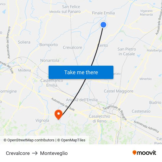 Crevalcore to Monteveglio map