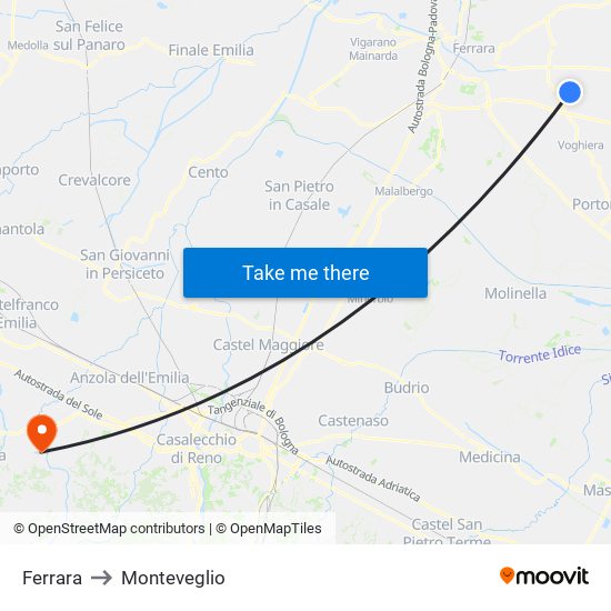 Ferrara to Monteveglio map