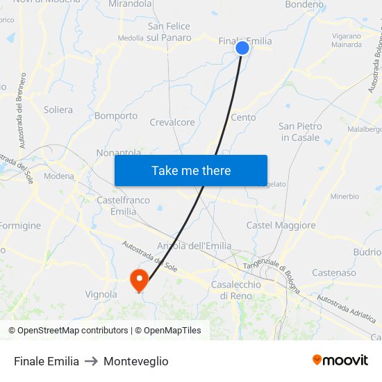 Finale Emilia to Monteveglio map