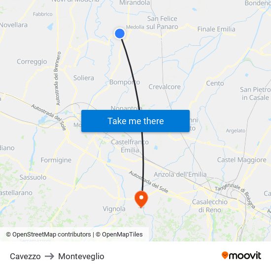 Cavezzo to Monteveglio map