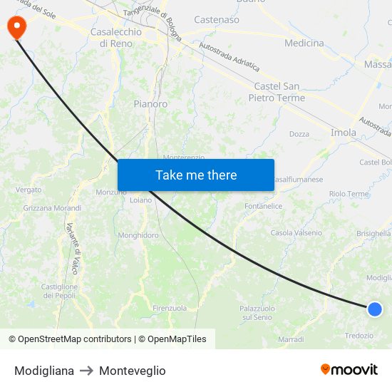 Modigliana to Monteveglio map