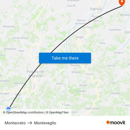 Montecreto to Monteveglio map