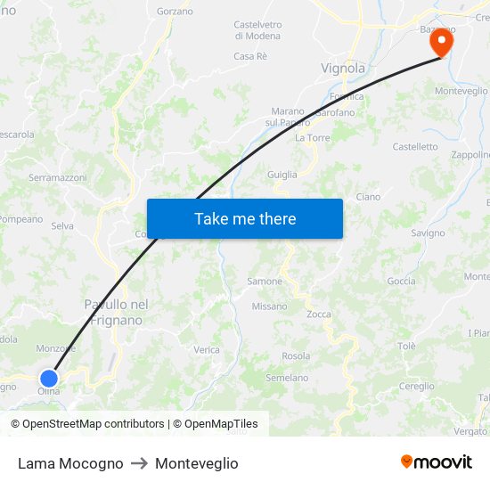 Lama Mocogno to Monteveglio map