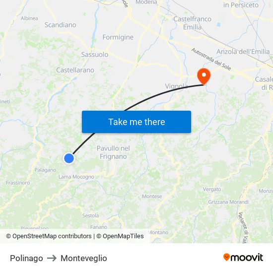 Polinago to Monteveglio map