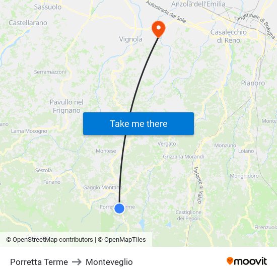 Porretta Terme to Monteveglio map