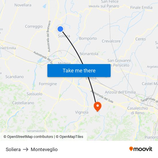 Soliera to Monteveglio map