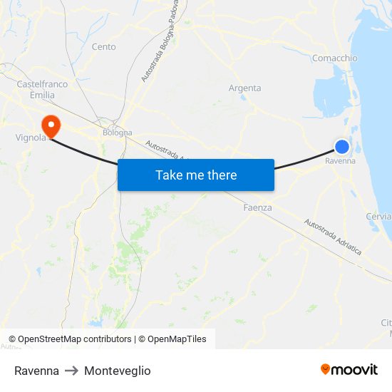 Ravenna to Monteveglio map