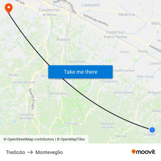 Tredozio to Monteveglio map