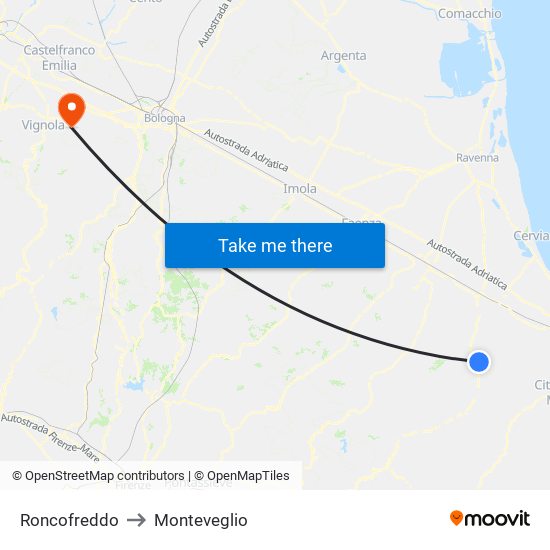 Roncofreddo to Monteveglio map