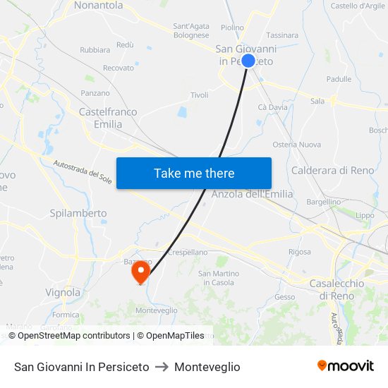 San Giovanni In Persiceto to Monteveglio map