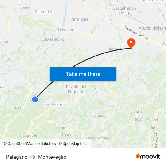 Palagano to Monteveglio map