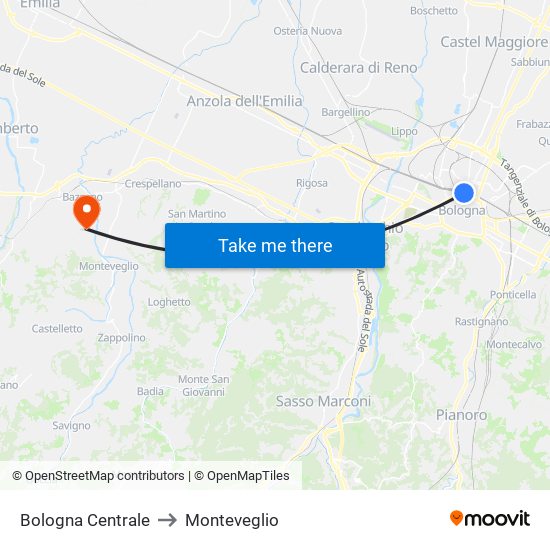 Bologna Centrale to Monteveglio map