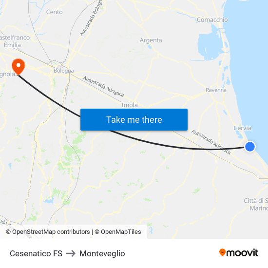 Cesenatico FS to Monteveglio map