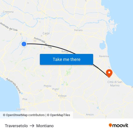 Traversetolo to Montiano map