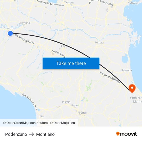 Podenzano to Montiano map