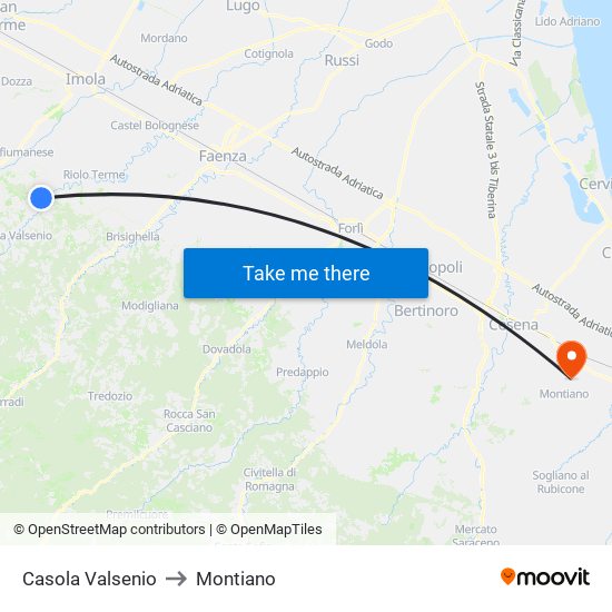 Casola Valsenio to Montiano map