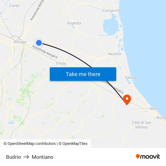 Budrio to Montiano map