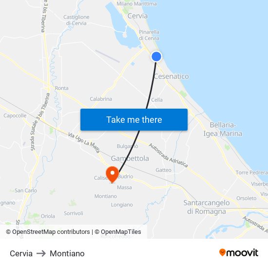 Cervia to Montiano map
