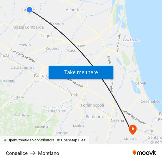 Conselice to Montiano map