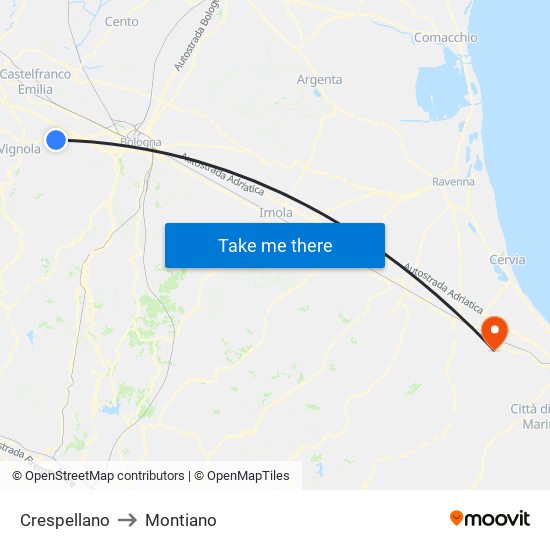 Crespellano to Montiano map