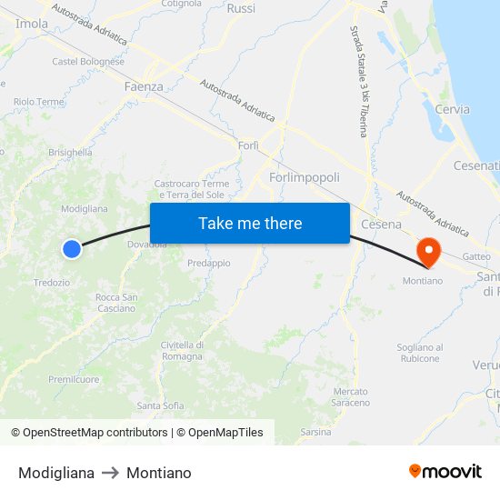 Modigliana to Montiano map